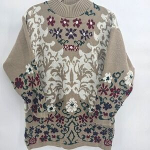 Dana Scott Fall Collection Medium Beige Floral Fair‎ Isle Knit Sweater Tunic vtg